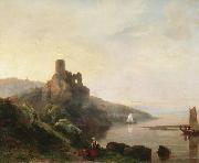Romantic Rhine landscape with ruin at sunset. Painting